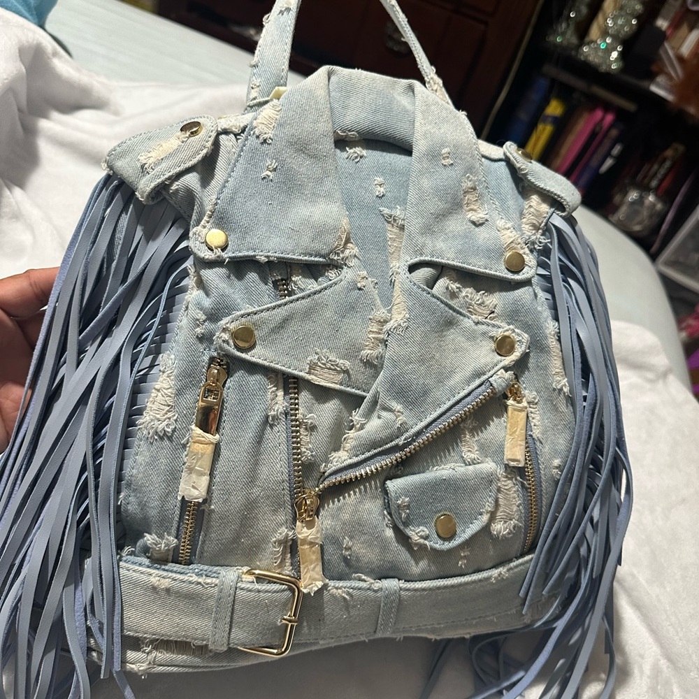 Stylist Stone Washed Denim Fringe Backpack Bag